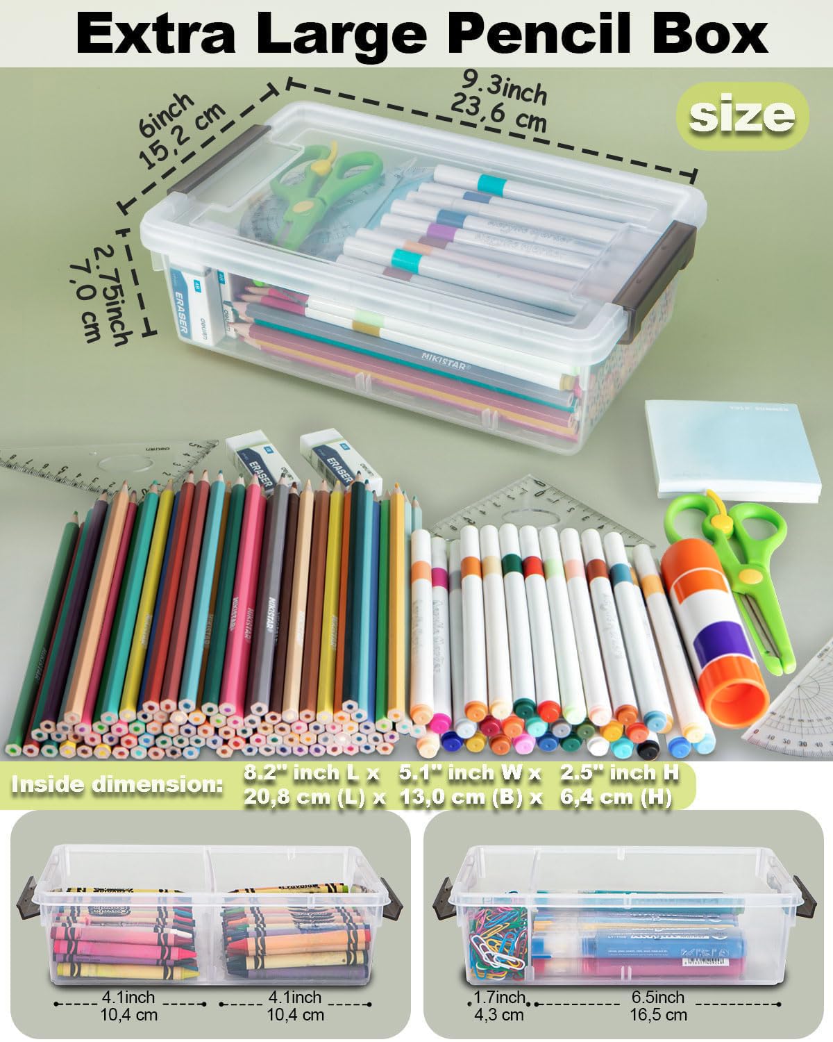 GEOPHIA 6 Pack Extra Large Pencil Box with Removable Divider, Thickened Pencil Case Bulk, Clear Crayon Marker Organizer Stackable Plastic Small