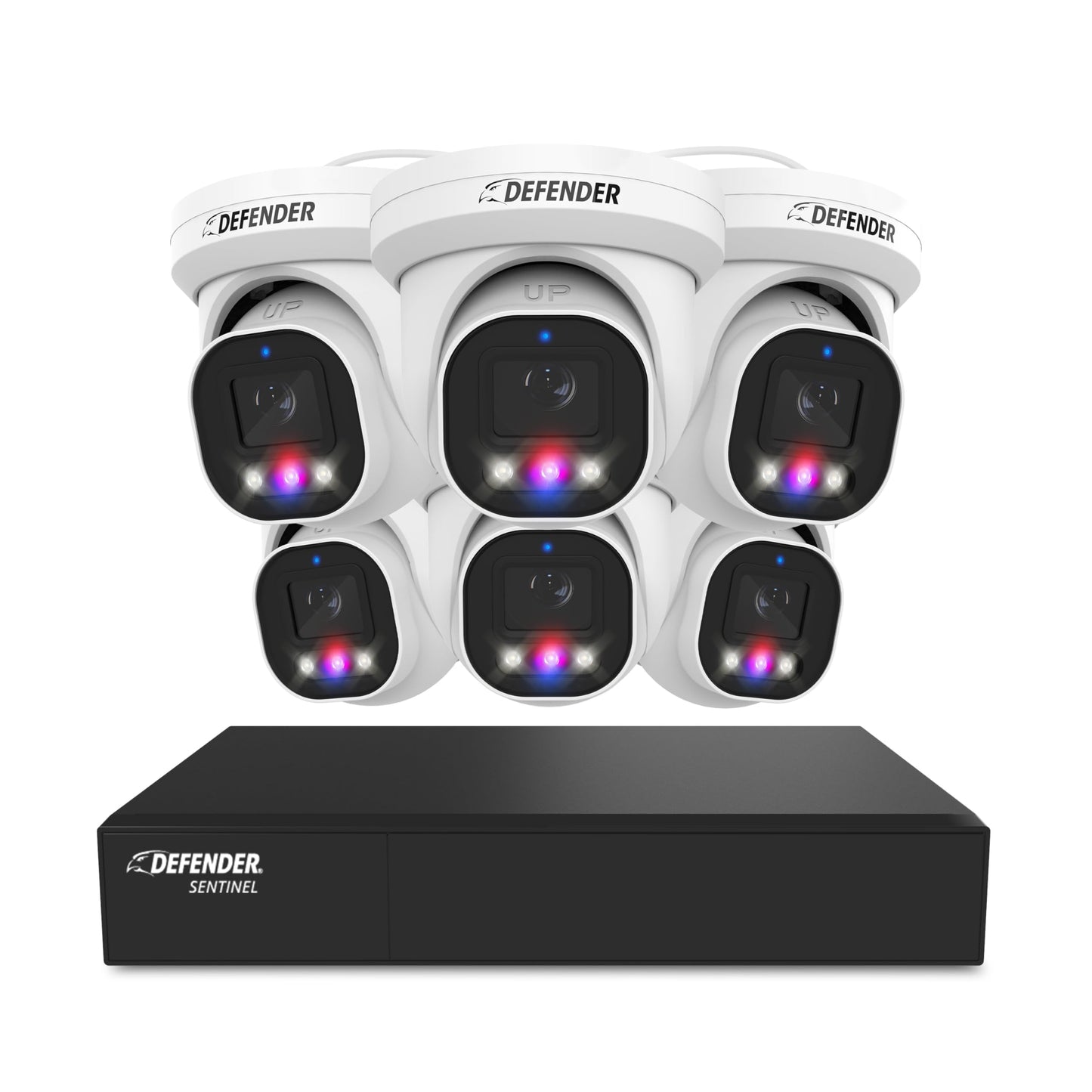Defender AI Powered Sentinel Pro Turret 8CH NVR PoE Security Camera System, 6pc Metal Turret Cameras, 109° Wide Angle, IP66 Rated, Audio Recording
