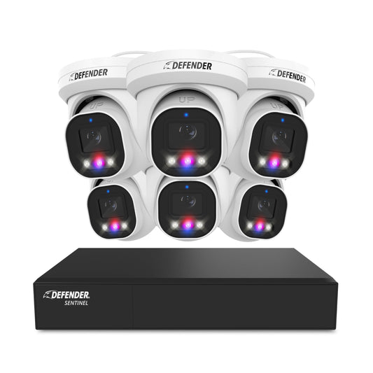 Defender AI Powered Sentinel Pro Turret 8CH NVR PoE Security Camera System, 6pc Metal Turret Cameras, 109° Wide Angle, IP66 Rated, Audio Recording