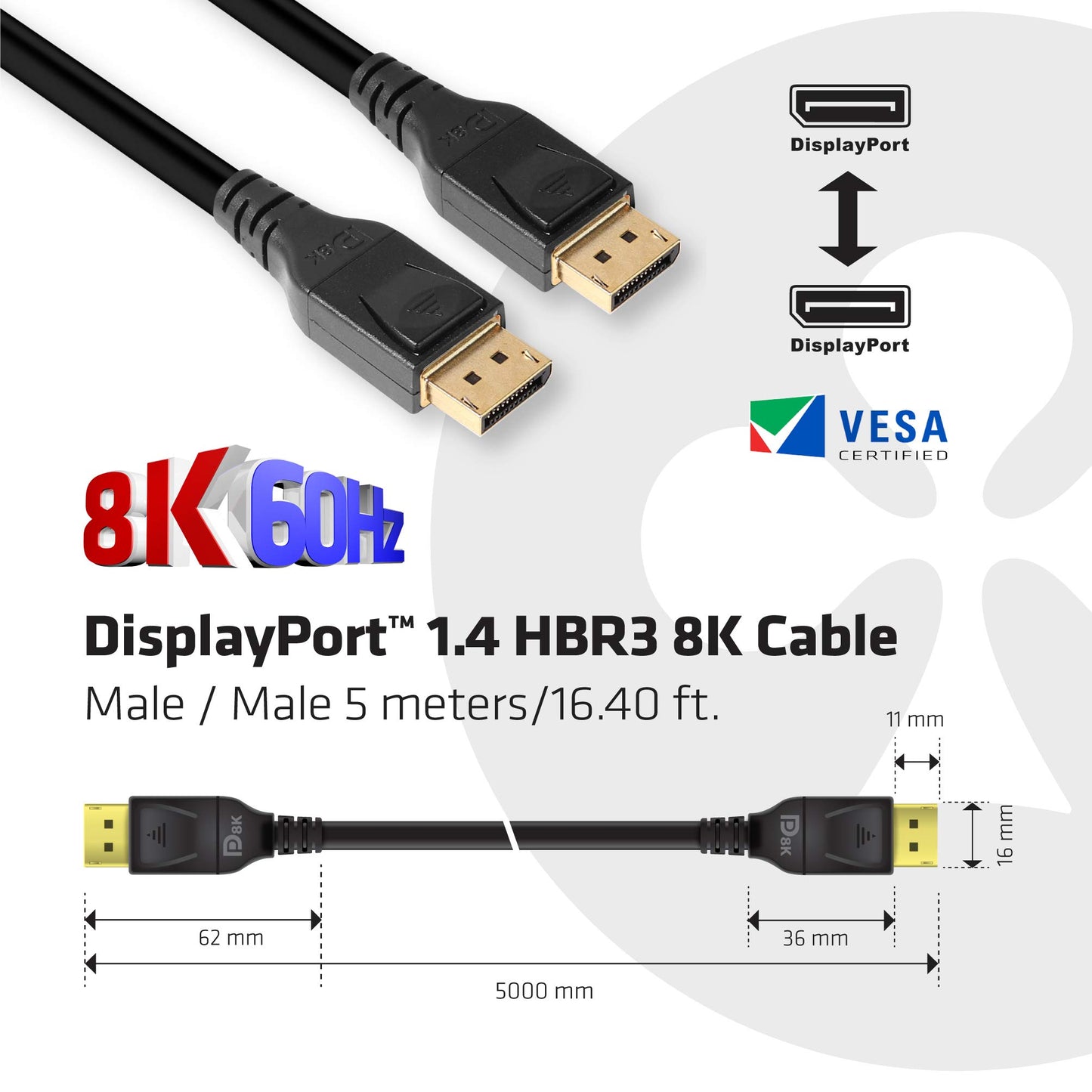 Club3D CAC-1061 DisplayPort to DisplayPort 1.4/HBR3 Cable DP 1.4 8K 60Hz 5 Meter/16,4 Feet Black VESA Certified