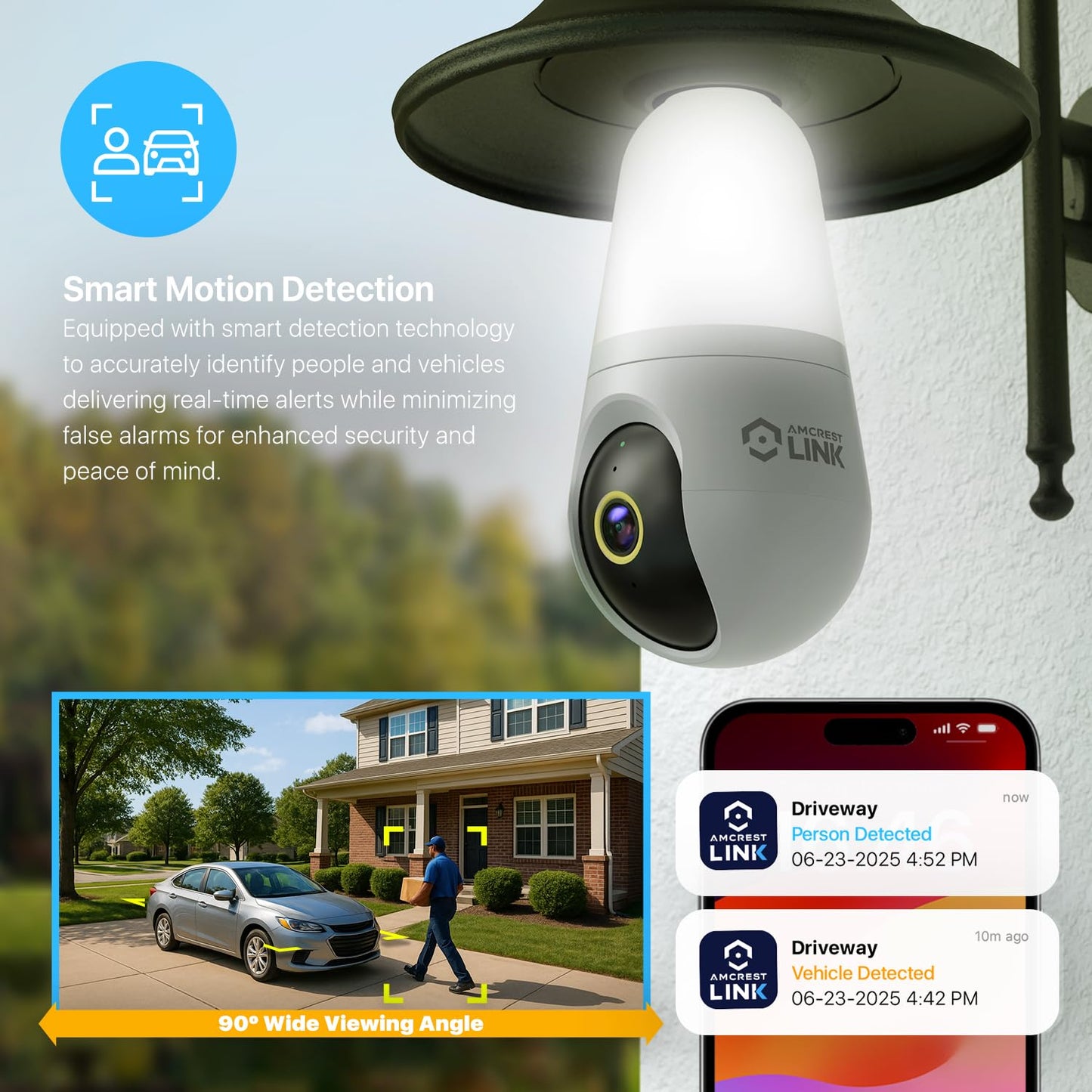 Amcrest Link 4MP Light Bulb WiFi Indoor/Outdoor Camera, Human Detection, 90.5° FOV, Pan/Tilt, IP45, AI Night Color, 2.4GHz/5GHz Dual Band Camera