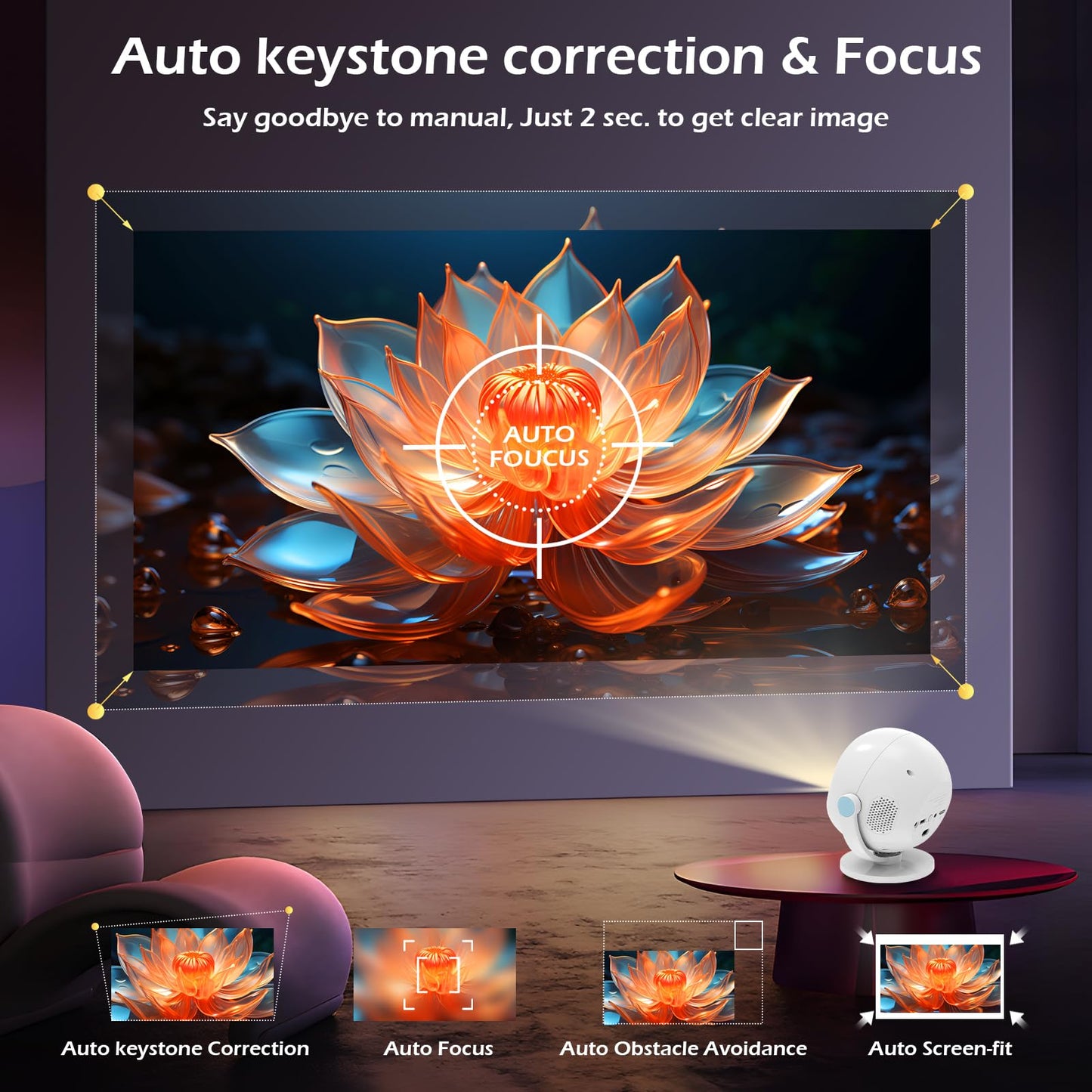 Buruifon Mini Native 1080P Projector, 4K Support with WiFi6 and BT 5.2, Built-in Apps Full HD Outdoor Projector, Auto Keystone compatible with Cell