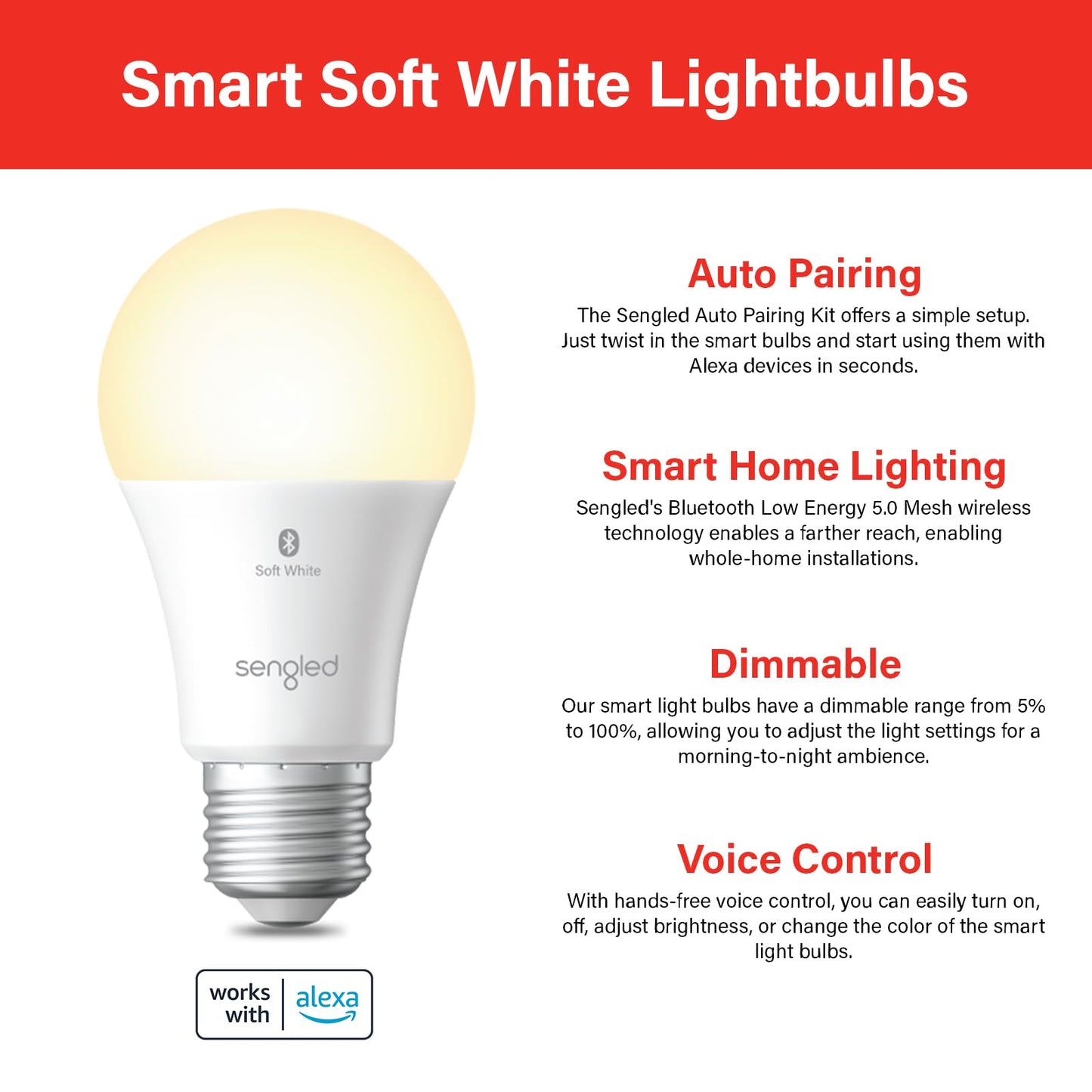 Sengled Alexa Light Bulbs 100W Equivalent, Smart Light Bulbs 1500 LM Bluetooth Mesh, Smart Bulbs That Work with Alexa Only, High Brightness, Soft