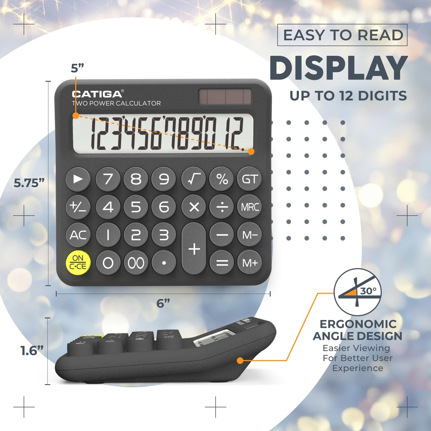 CATIGA Mechanical Switch Calculator with Solar and Battery Dual Power, 12-Digit Large LCD Display, Aesthetic and Cute Desktop Calculator with Big