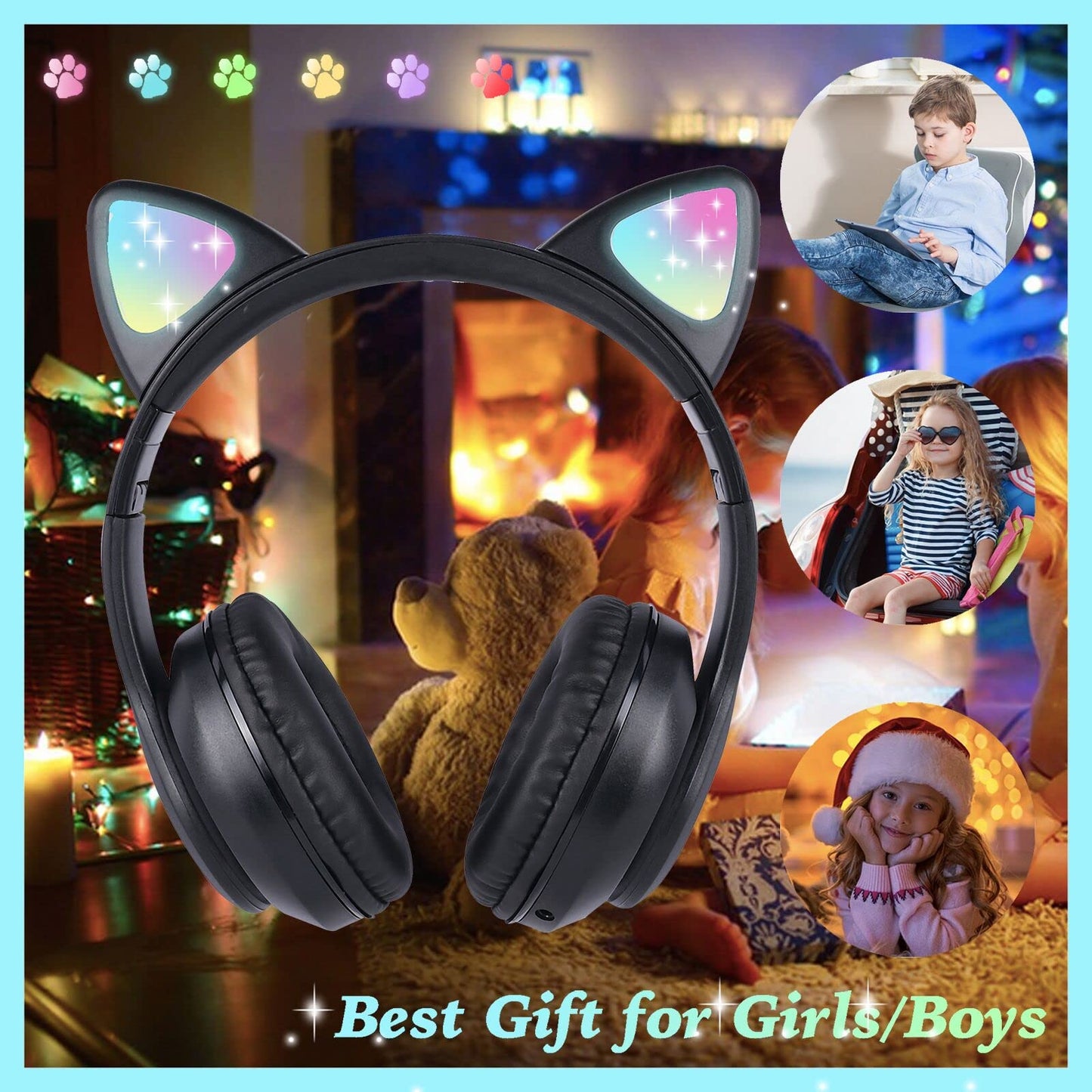 kuyaon Wireless Kids Headphones for Boys Girls, Cat Ear LED Light Up Bluetooth Headphones with Microphone…