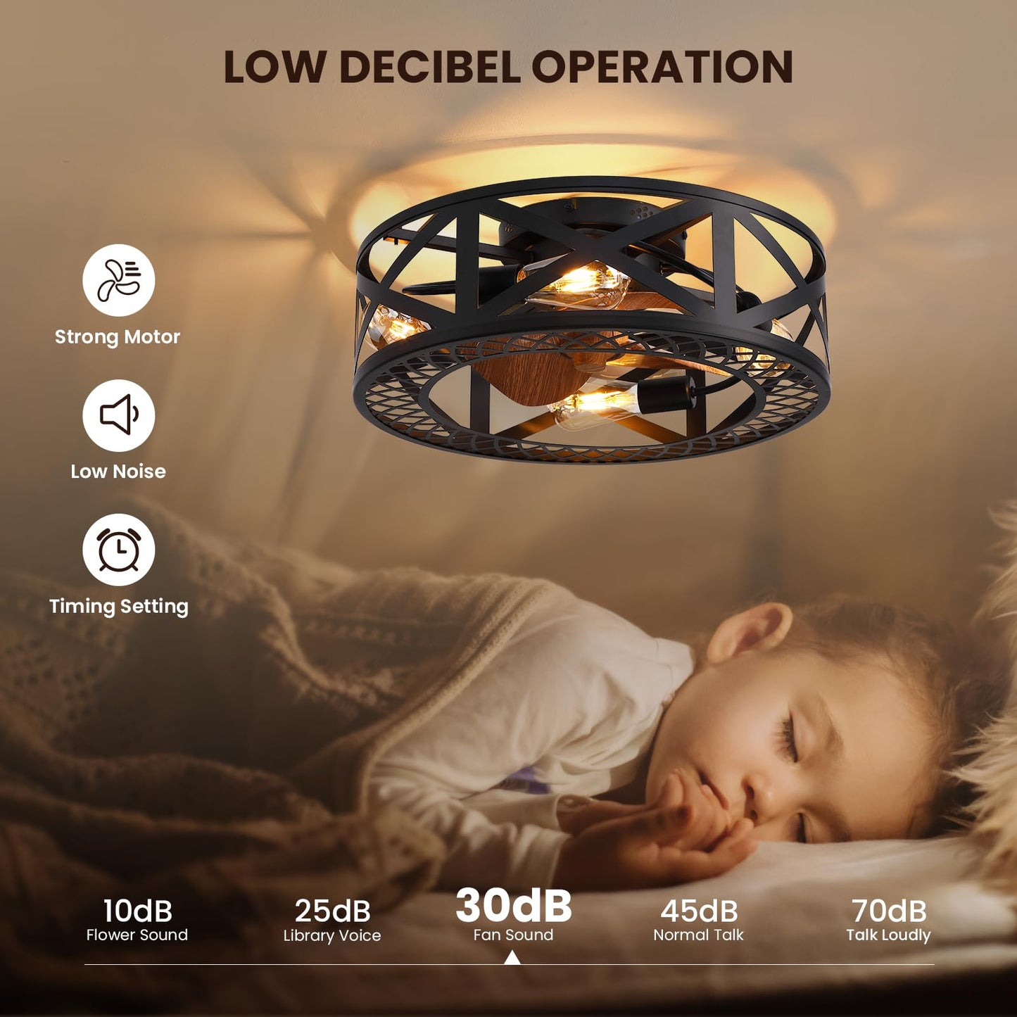 MOOONICHE 20" Caged Ceiling Fans with Lights, Modern Dimmable Flush Mount Ceiling Fan with Lights Remote, Black Low Profile Ceiling Fan for Bedroom