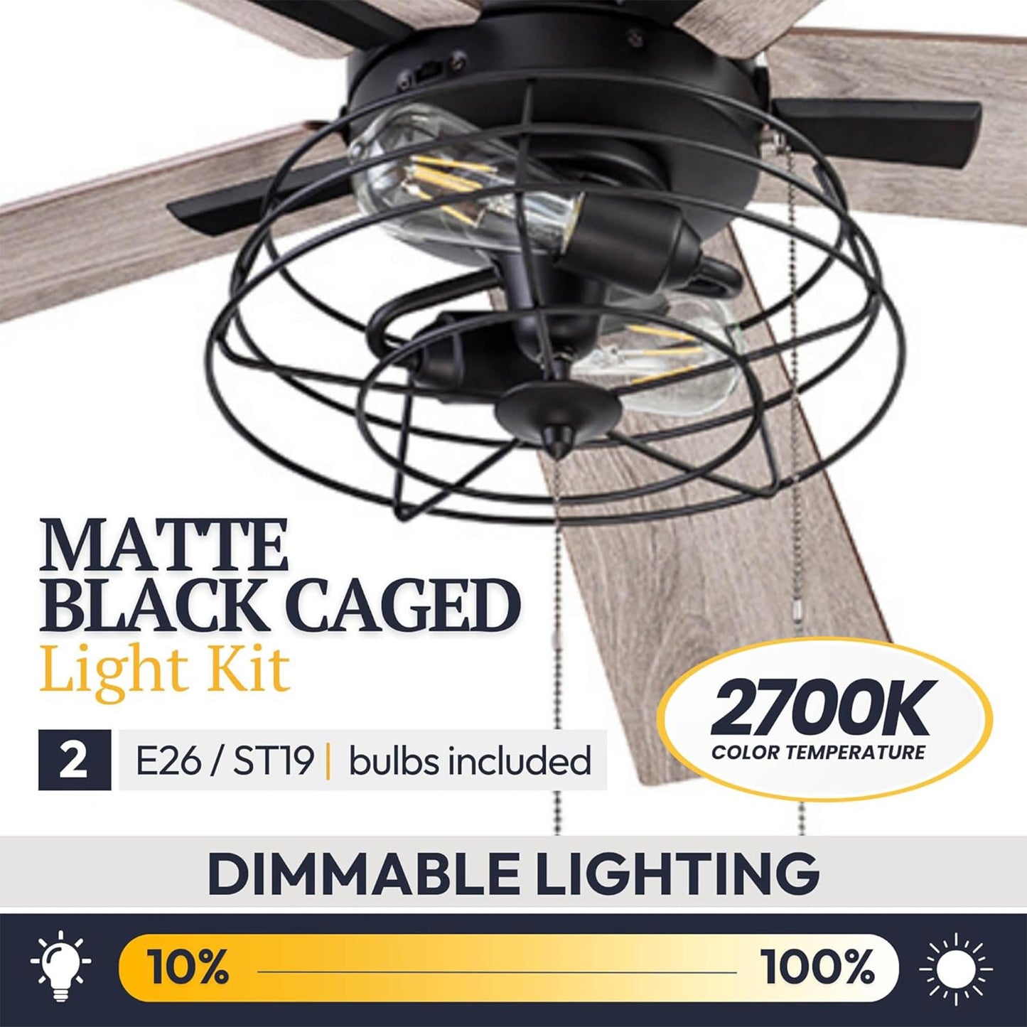 Prominence Home Marshall 52 Inch Industrial Style LED Ceiling Fan with Light, Pull Chain, 3 Mounting Options, Dual Finish Blades, Reversible, Black
