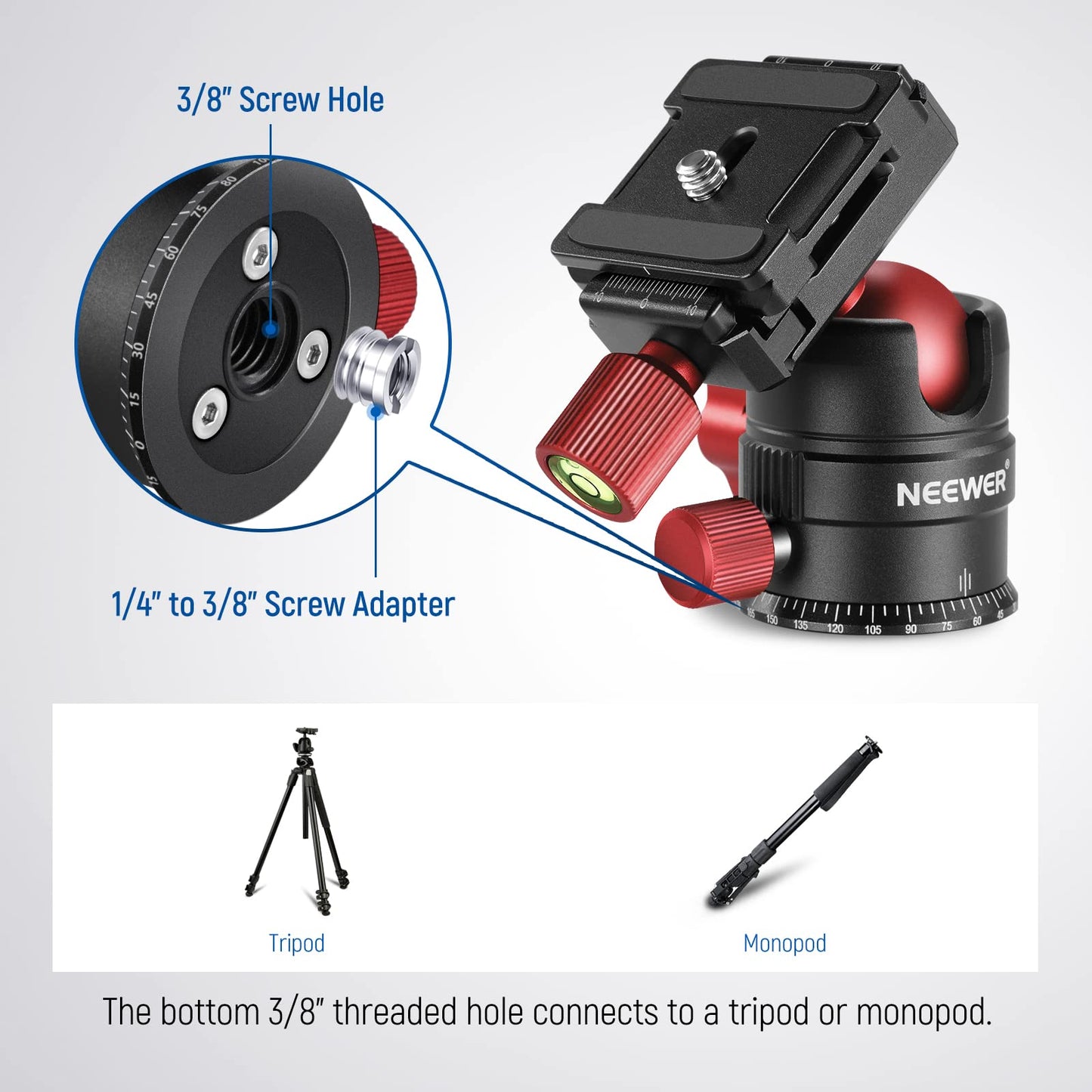 NEEWER Tripod Head, 360° Rotating Panoramic Ball Head with 1/4” Quick Shoe Plate for Tripod Monopod Slider DSLR Camera Camcorder, Max Load up