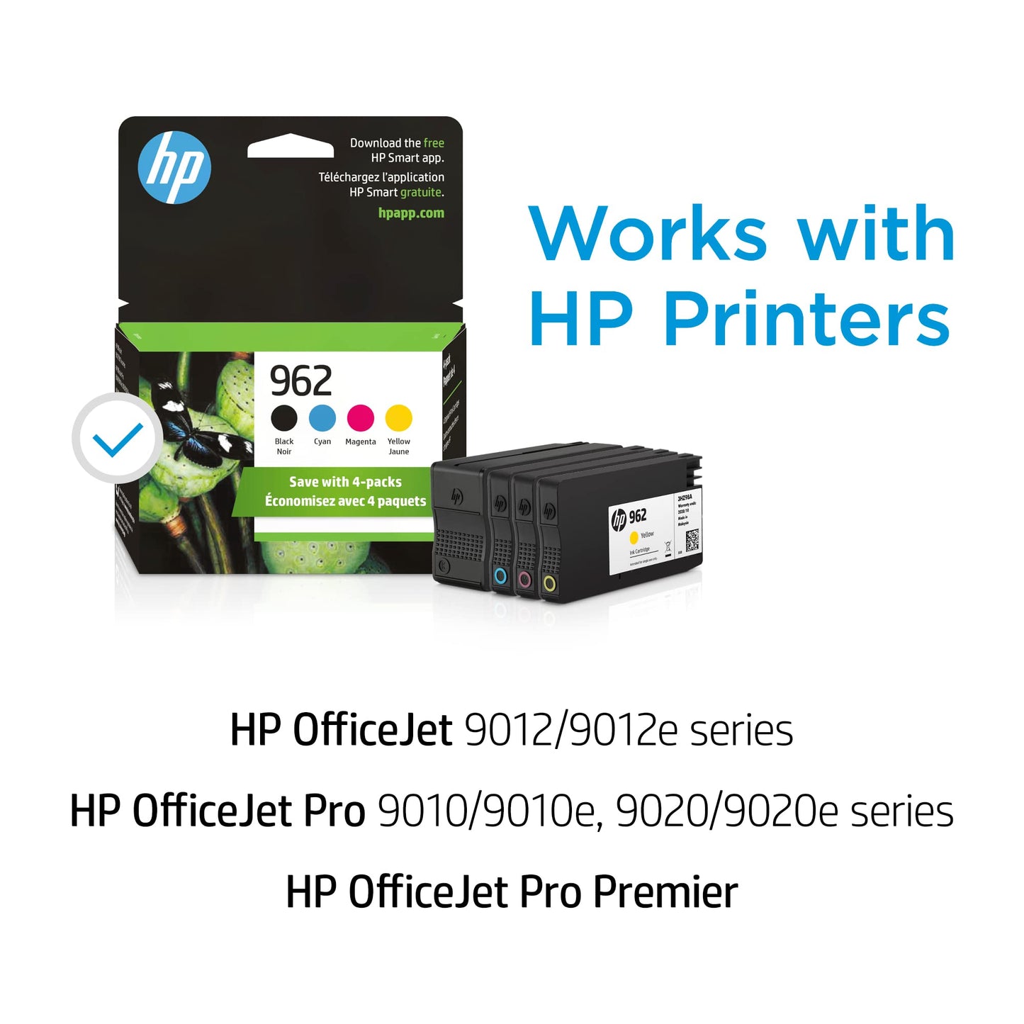 HP 962 Black, Cyan, Magenta, Yellow Ink Cartridges (4-Pack) | Works OfficeJet 9010 Series, OfficeJet Pro 9010, 9020 Series | Eligible for Instant Ink