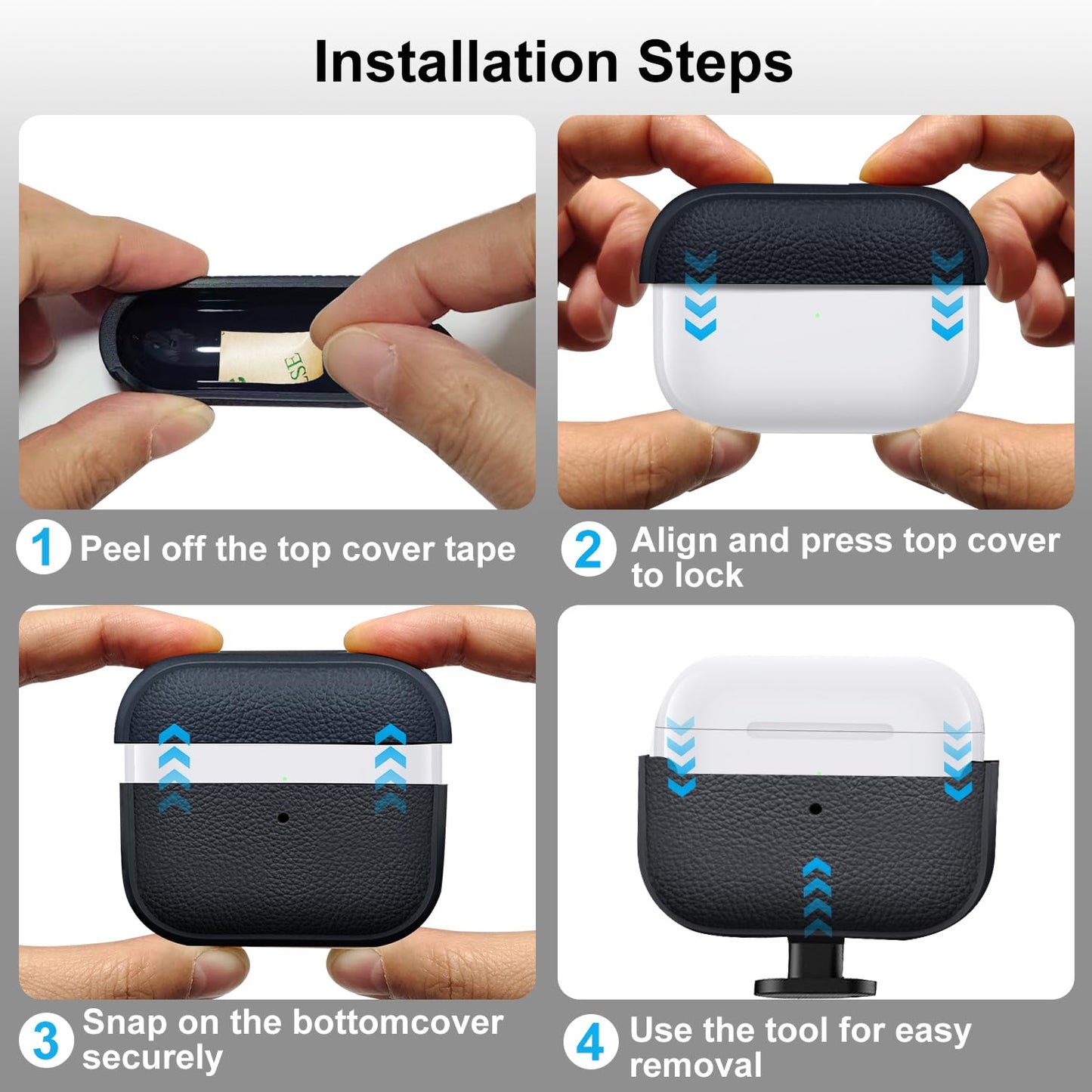 Case for AirPods Pro 3 (2025 Release), Leather-Texture TPU Shockproof Protective Cover with Keychain, Wrist Strap, Front LED Visible - Navy Blue