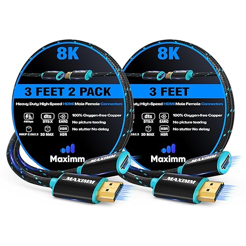 Maximm HDMI Extension Cable Male to Female (3 Feet, 2 Pack), 8K & 10K Ultra HD, High-Speed, HDCP, ARC, 3D, 1080p to 2160p Video, 50Gbps Bandwidth