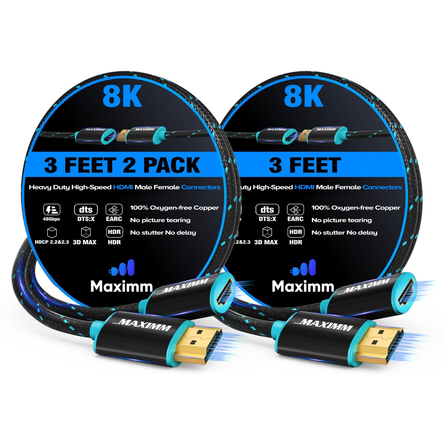 Maximm HDMI Extension Cable Male to Female (3 Feet, 2 Pack), 8K & 10K Ultra HD, High-Speed, HDCP, ARC, 3D, 1080p to 2160p Video, 50Gbps Bandwidth
