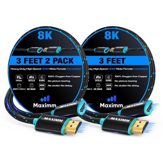 Maximm HDMI Extension Cable Male to Female (3 Feet, 2 Pack), 8K & 10K Ultra HD, High-Speed, HDCP, ARC, 3D, 1080p to 2160p Video, 50Gbps Bandwidth