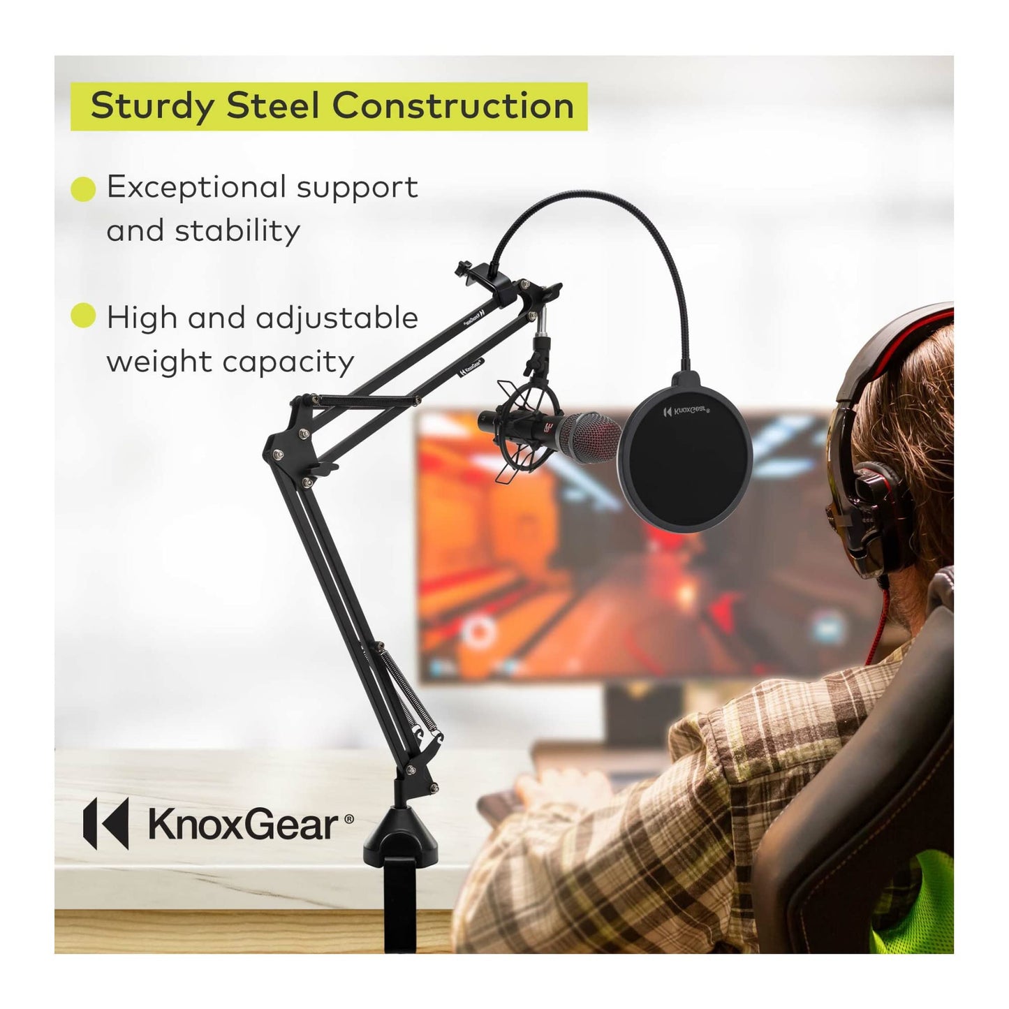 Knox Gear Boom Arm Microphone Stand for Podcasts, Studio Recording, Radio Broadcast, and Gaming, Microphone Desk Stand with 360-degree Rotation, Black