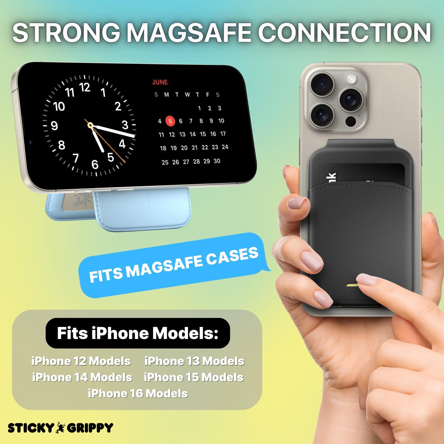 StickyGrippy MagSafe Wallet Phone Stand, iPhone Wallet with Adjustable Stand, for iPhone 16/15/14/13/12 Models, 5 Card Holder, ID Holder, Magsafe
