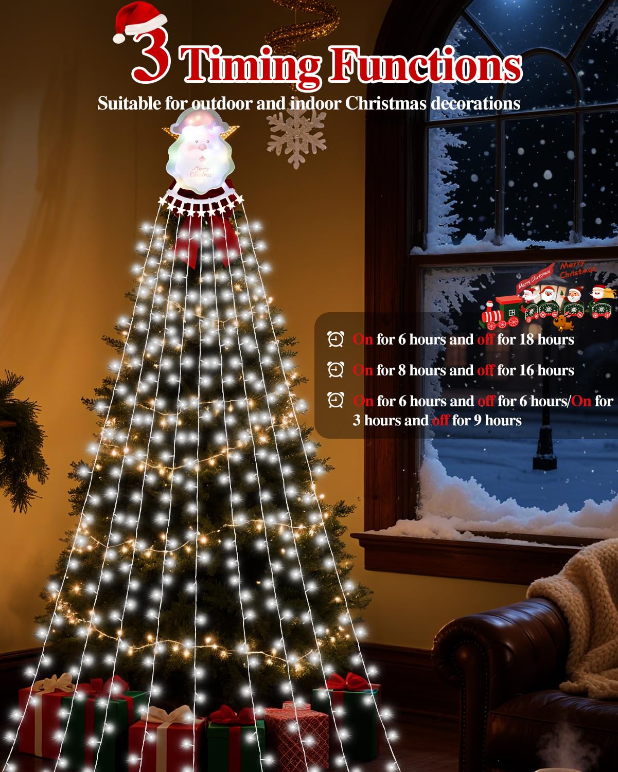 Christmas Waterfall Outdoor String Lights, Christmas Tree Lights with Topper 335 LED 11.48ft 9 Strands, 8 Lighting Modes Holiday New Year Decoration