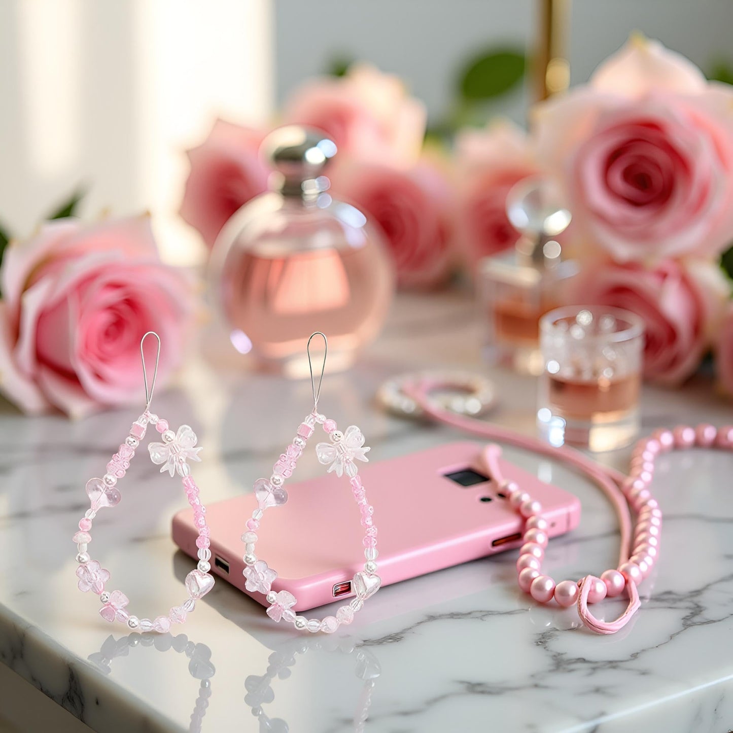 Galepromot 2Pcs Pink Acrylic Beaded Mobile Phone Straps Anti-Lost Hand Strap Pendant Hanging Rope Phone Wrist Hand Lanyard Home Cell Phone Charms