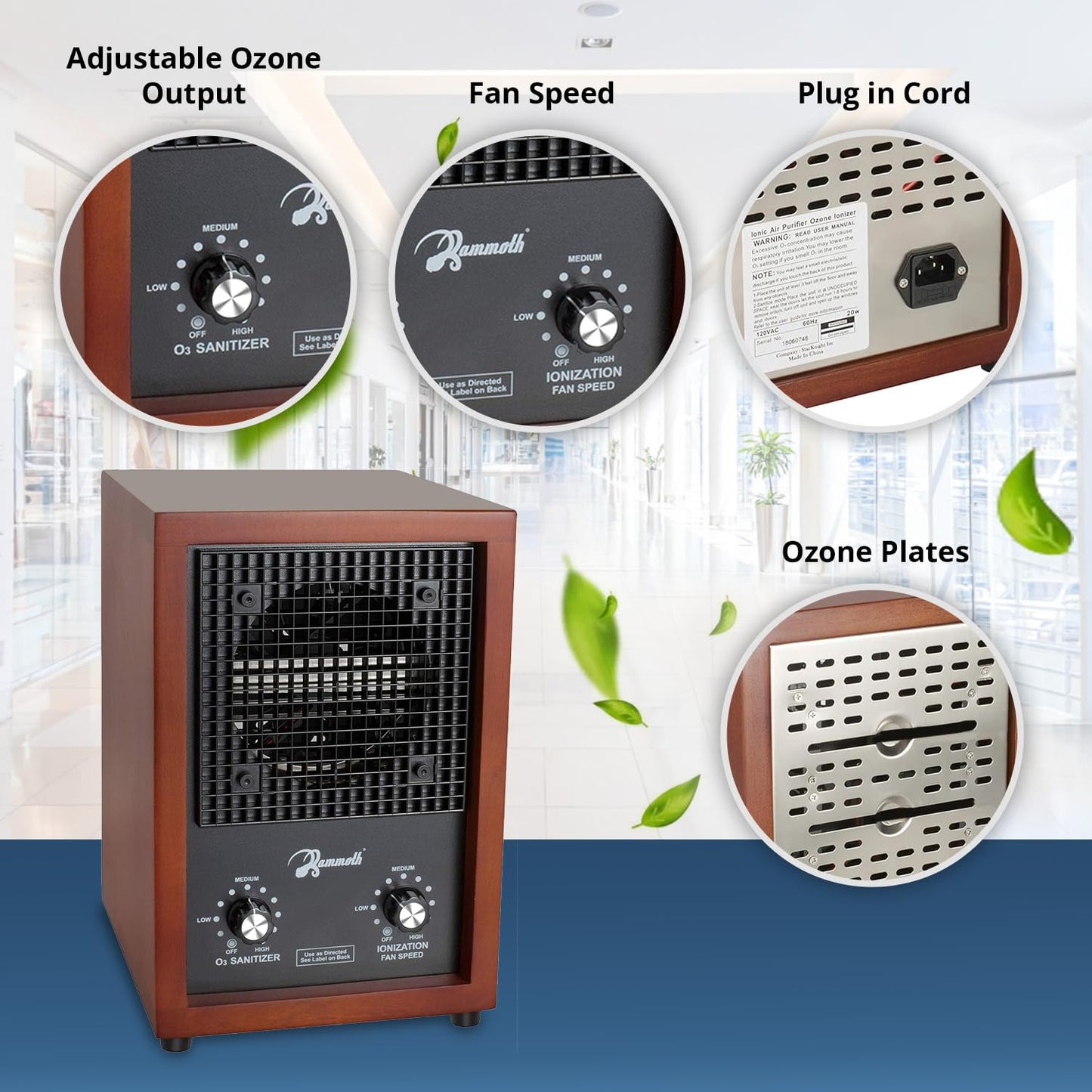 Mammoth Ion and Ozone Generator 3000 mg/hour, Adjustable up to 3,500 SqFt Ionizer & Deodorizer Ozone Odor Eliminator- Ozone Machine Wooden Design