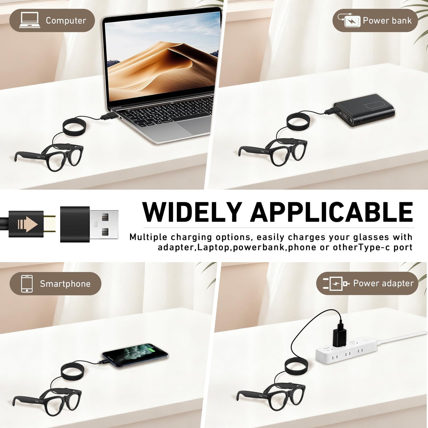 Amanely Charging Adapter Cable for Ray-Ban Meta 2 & Oakley AI Glasses, 3.9ft Temple-Inserted Fast Charging for Wayfarer/Headliner/Skyler/HSTN