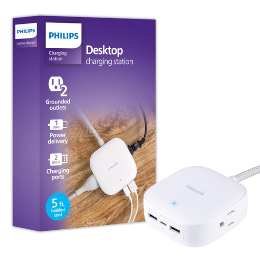 Philips 32W USB Extension Cord Power Strip Charging Station, USB-C, 2 Outlets, iPhone 17/Pro/Max, iPad, Samsung Galaxy, Headphones, Nintendo Switch