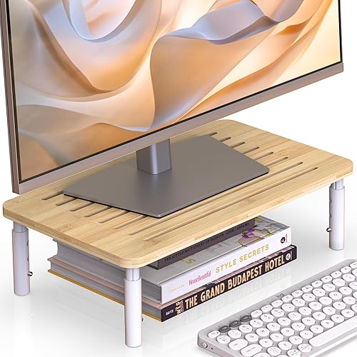 WELL WENG Bamboo Monitor Stand Riser, 4 Adjustable Height, Laptop Stand with Airflow Vents, Desk Organizer for Computer, PC, Printer (Natural)