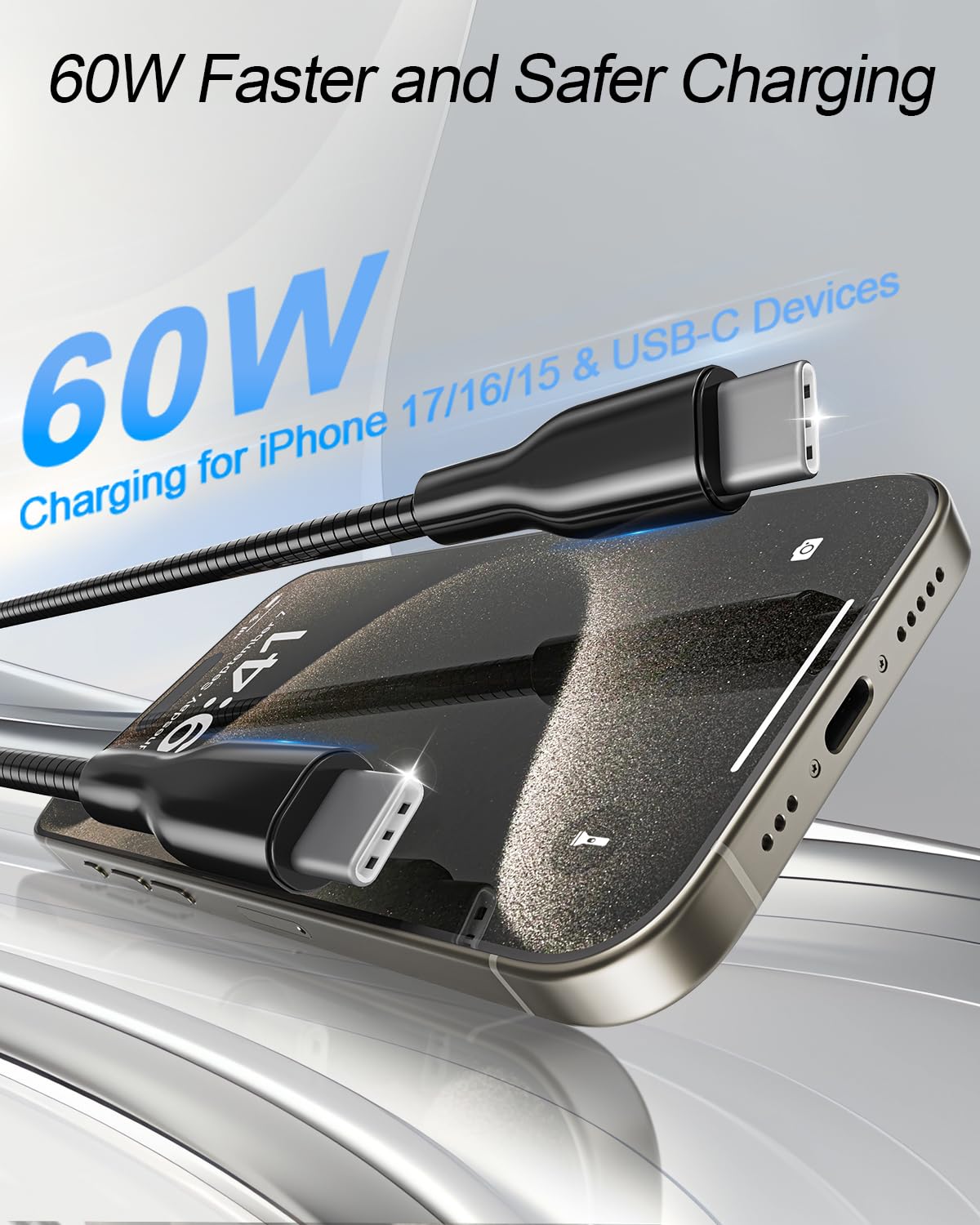 Metal Braided USB-C to USB-C Cable 6.6ft, 60W PD Fast Charging & Data Sync, Tangle-Free Indestructible Charger Cord, Cat & Dog Chew Proof Charger Cord