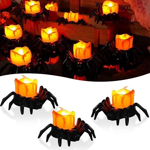 JIAOYUNLILI 6 PCS LED Halloween Lights Indoor, Spider Tea Lights Battery Operated Flameless Candles for Party Table Halloween Decorations