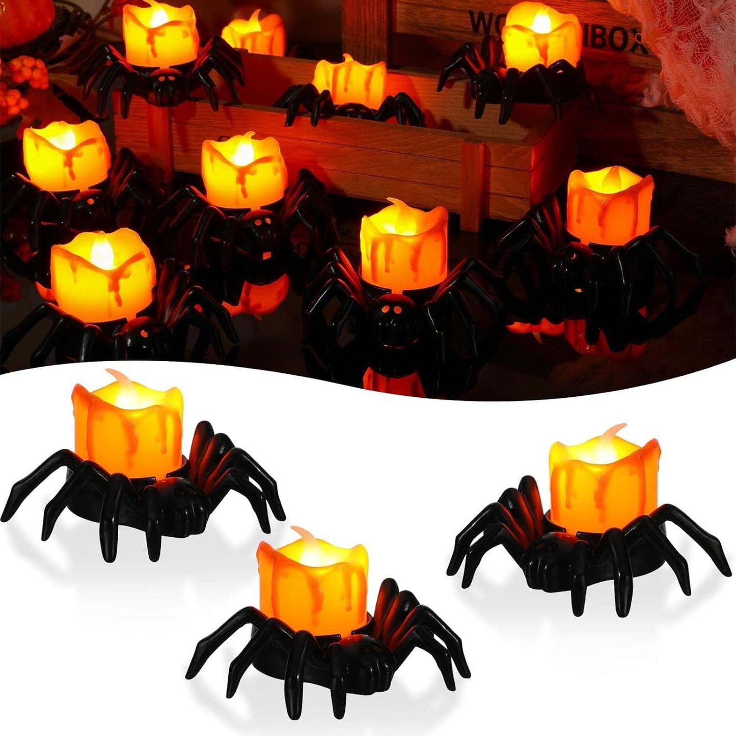 JIAOYUNLILI 6 PCS LED Halloween Lights Indoor, Spider Tea Lights Battery Operated Flameless Candles for Party Table Halloween Decorations