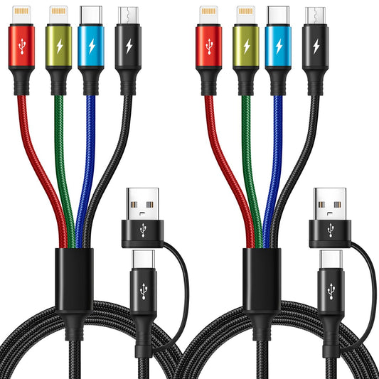 6 in 1 Multiple Charging Cable, 2Pack 6Ft Multi Chargers Cord for All Devices Braided USB A/C to Lightning/Type C/Micro USB Ports Universal Charger