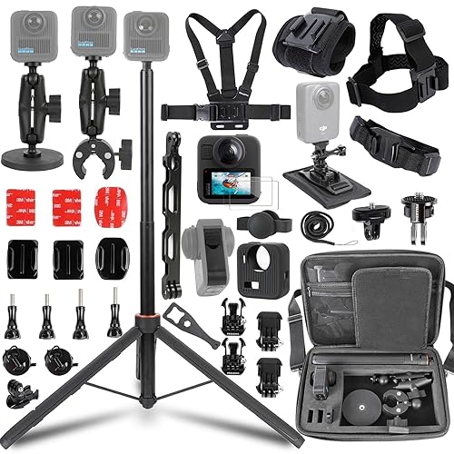PellKing Accessories Kit for Gopro Max2,Included Carrying Case with Belt,135cm Selfie Stick Tripod,Handlebar Mount,Magnetic Mount,4 Pcs Body Strap