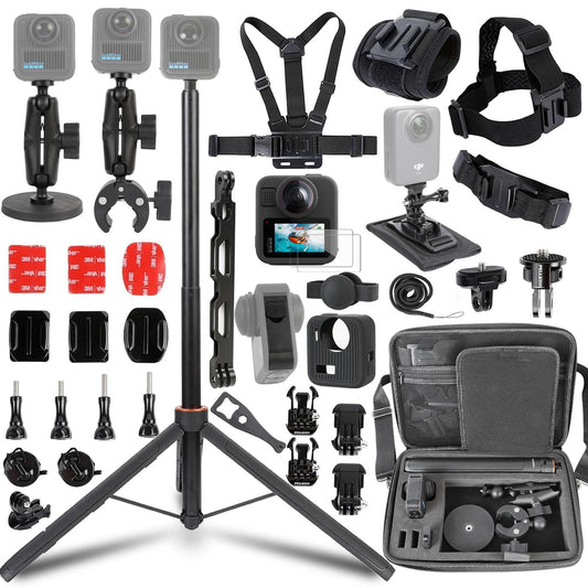 PellKing Accessories Kit for Gopro Max2,Included Carrying Case with Belt,135cm Selfie Stick Tripod,Handlebar Mount,Magnetic Mount,4 Pcs Body Strap