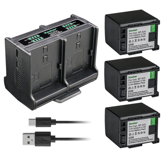 Kastar 3-Pack Battery and Quadruple Charger Compatible with Canon BP-820 BP820, BP-828 BP828 Battery, CG-800 CG800 Charger, Canon XA60, Canon XA65