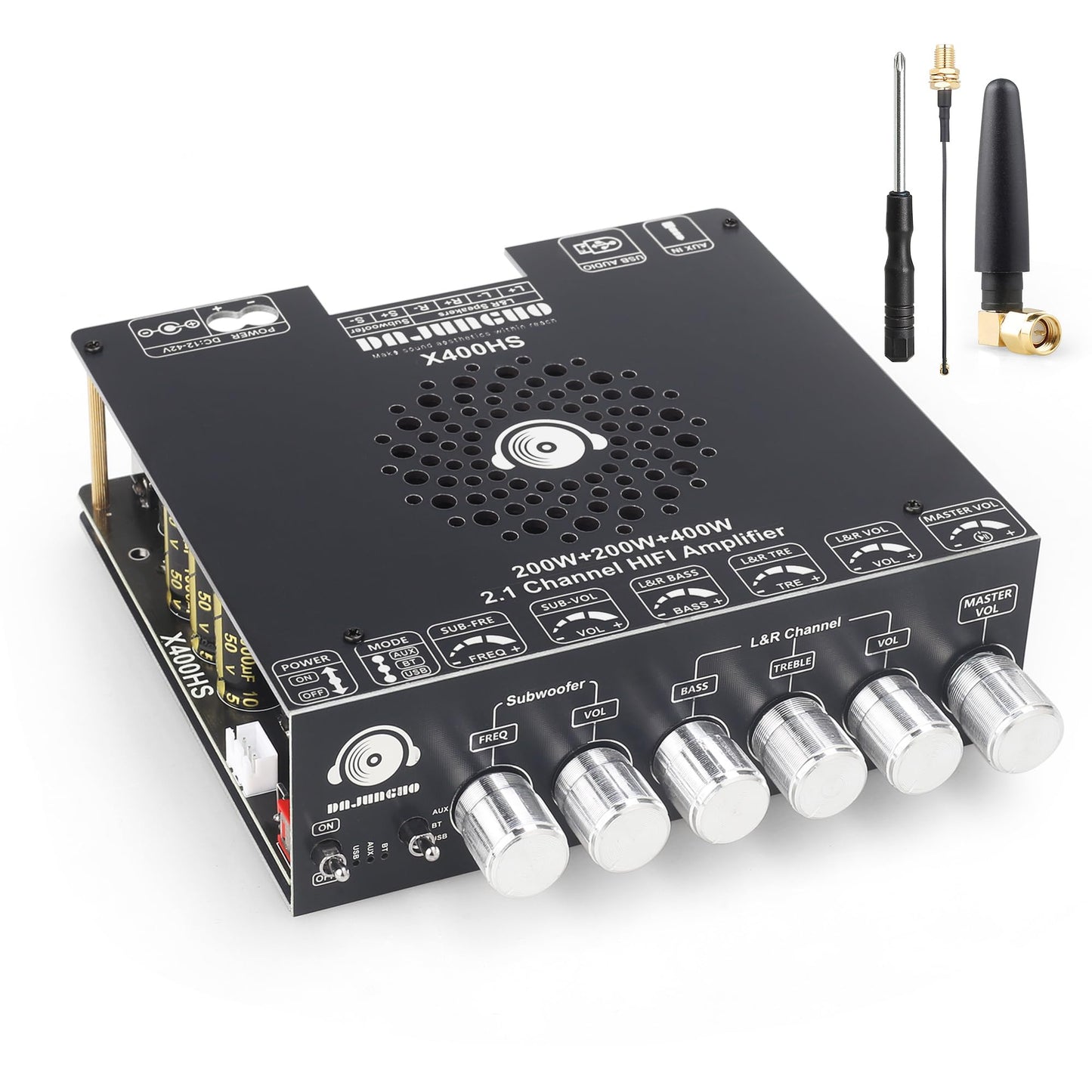 X400HS 2.1 Channel Bluetooth 5.0 Amplifier Board, TPA3223 Chip 200W+200W+400W Output, 12-42V DC with 6 Knob Controls, for DIY Subwoofer/Speaker/Home