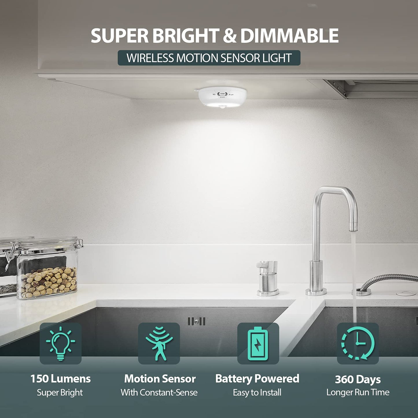 Reoshine Motion Sensor Light Indoor, LED Night Light Closet Lights, Under Cabinet Lights, AA Battery Operated Stick on Wireless Puck Lights for Wall