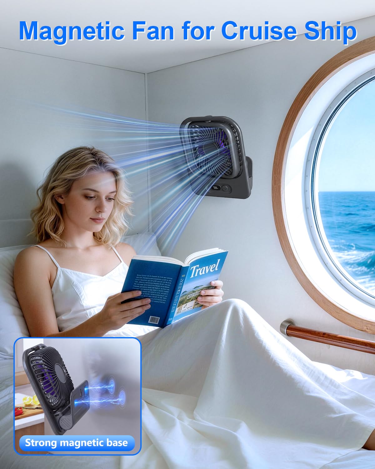 WISFISSH 3-in-1 Mount Ultra Thin Magnetic Fan with LED Display, Portable Foldable Cruise Travel Desk Fan, 4 SPeed Rechargeable wall Fan for Kitchen