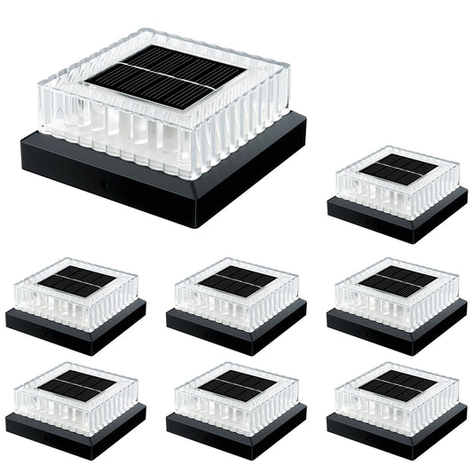 Hiromeco 4x4 Solar Post Cap Lights: 8 Pack Fence Post Lights Outdoor 3000K with Clear Lampshade, IP65 Waterproof 10-12H Lasting and Easy Install
