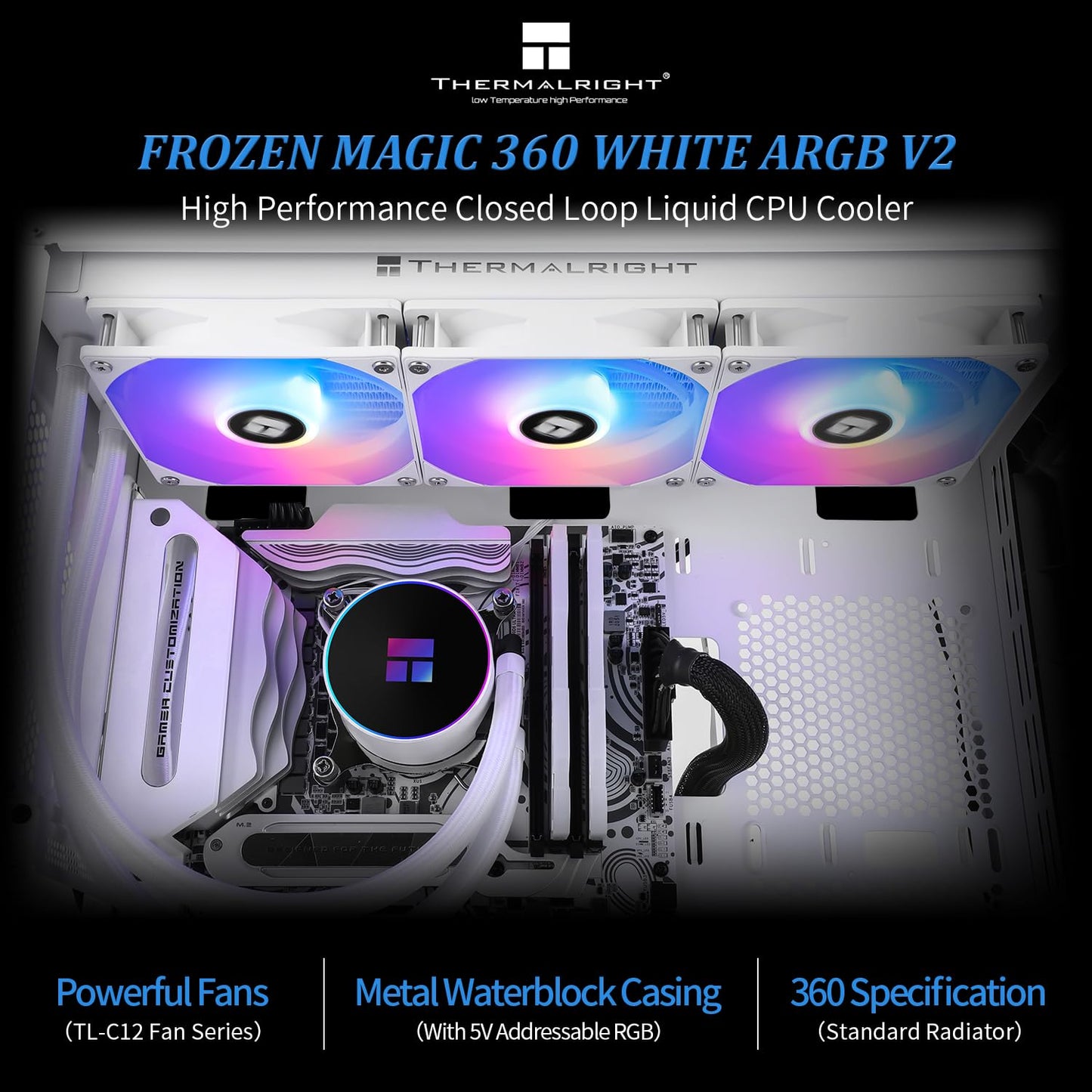 Thermalrlght FW 360 Ultra ARGB White CPU Water Cooler,3 PWM Fans Water Cooling System,IPS LCD Screen with 480x480 Resolution,for AM4/AM5&Intel
