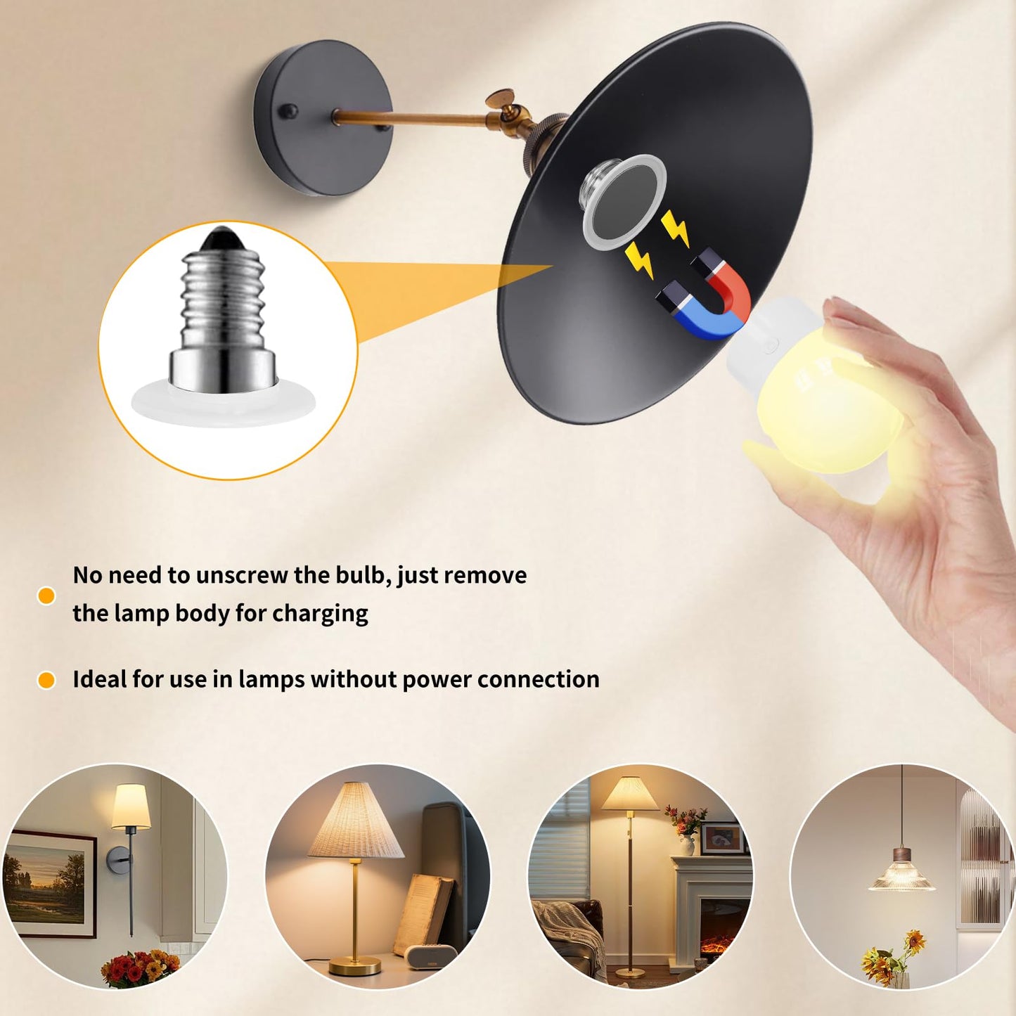 Rechargeable LED Light Bulbs with Remote, Dimmable Magnetic E12 Battery Operated Light Bulb, 12 RGB Colors, 480LM 40W Equivalent, 3 Timer,