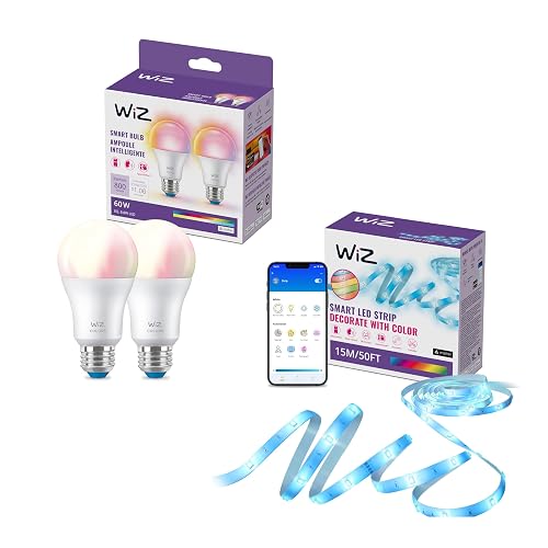 WiZ Connected - Bundle - RGB LED Strip 5m Plus 2 60W A19 Color Bulbs - Control with Voice or App + Activate with Motion - Matter Compatible