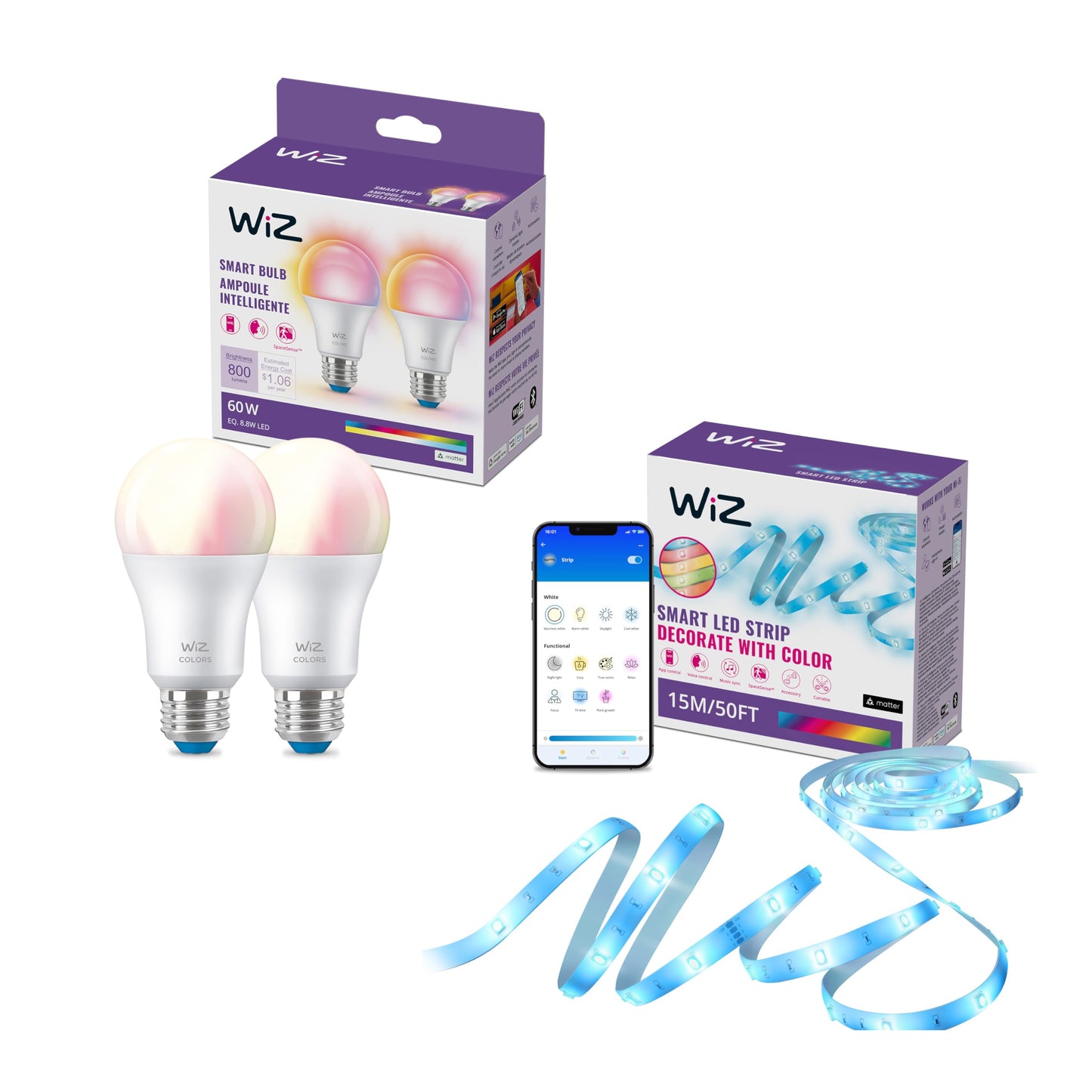 WiZ Connected - Bundle - RGB LED Strip 5m Plus 2 60W A19 Color Bulbs - Control with Voice or App + Activate with Motion - Matter Compatible