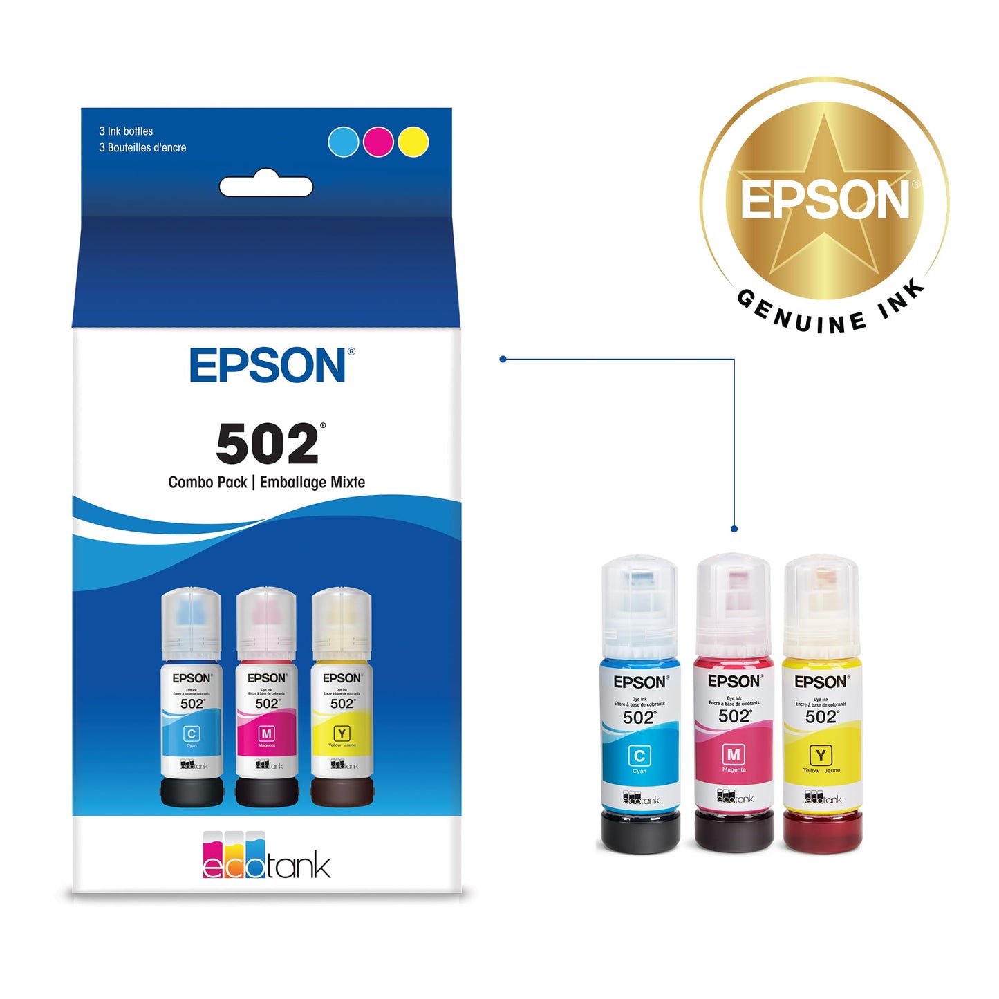 EPSON 502 EcoTank Ink Ultra-high Capacity Bottle Color Combo Pack Works with ET-2750, 2760, 2850, 3750, 3760, 3850, 4850, and other select models