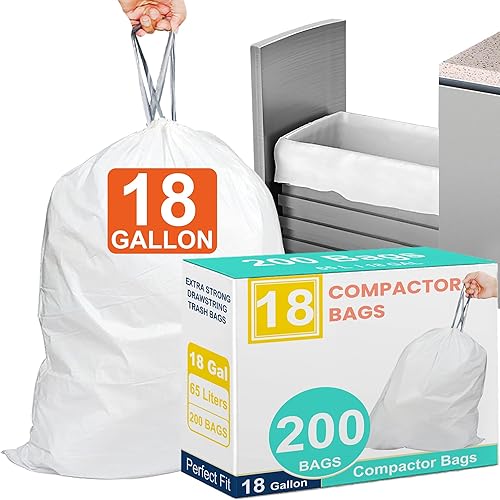 18 Gallon 200 Count Heavy Duty Compactor Trash Bags 1.2 Mil THICK Reinforced Drawstring Garbage Liners Fit 13-18 Gallon Compatible with Kitchenaid
