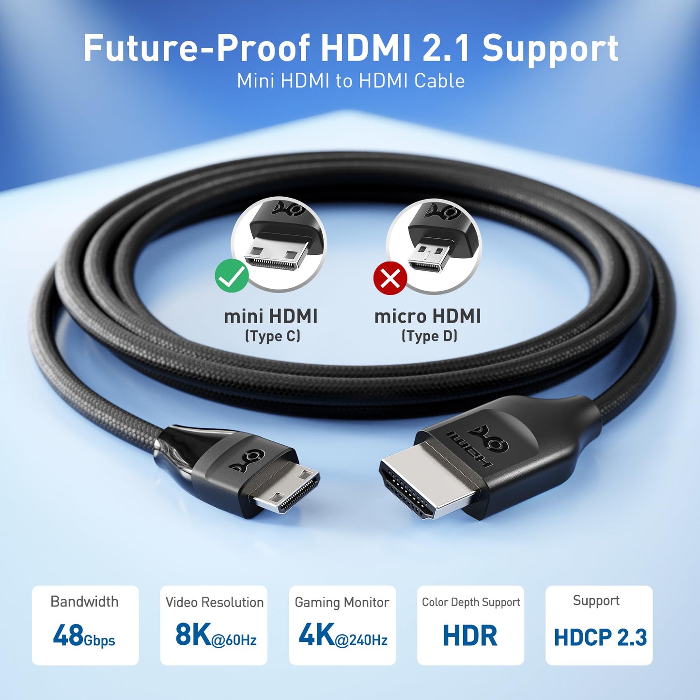 Cable Matters 48Gbps 8K Mini HDMI to HDMI 2.1 Cable - 6.6ft, Supports 8K@60Hz / 4K@240Hz with HDR, MiniHDMI Cable Works with DSLR Camera, Camcorder