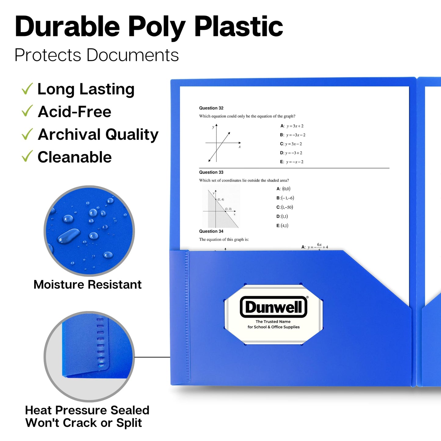 Dunwell Plastic Folders with Pockets (Blue, 3 Pack), 2 Pocket Poly Folders for School, Home or Office, Durable Acid-Free Poly, Includes Removable