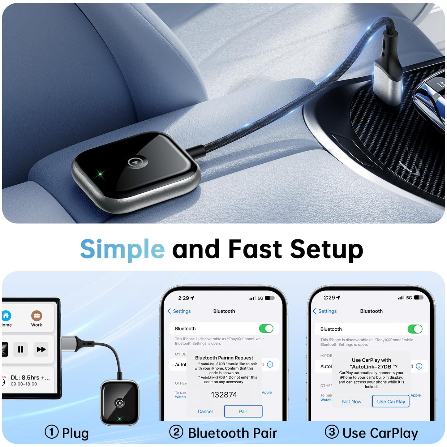 Wireless CarPlay Adapter for Apple CarPlay, Easy to Upgrade Wired CarPlay to Wireless, Instant Connectivity, Super Mini Car Play Dongle for iPhone Fit