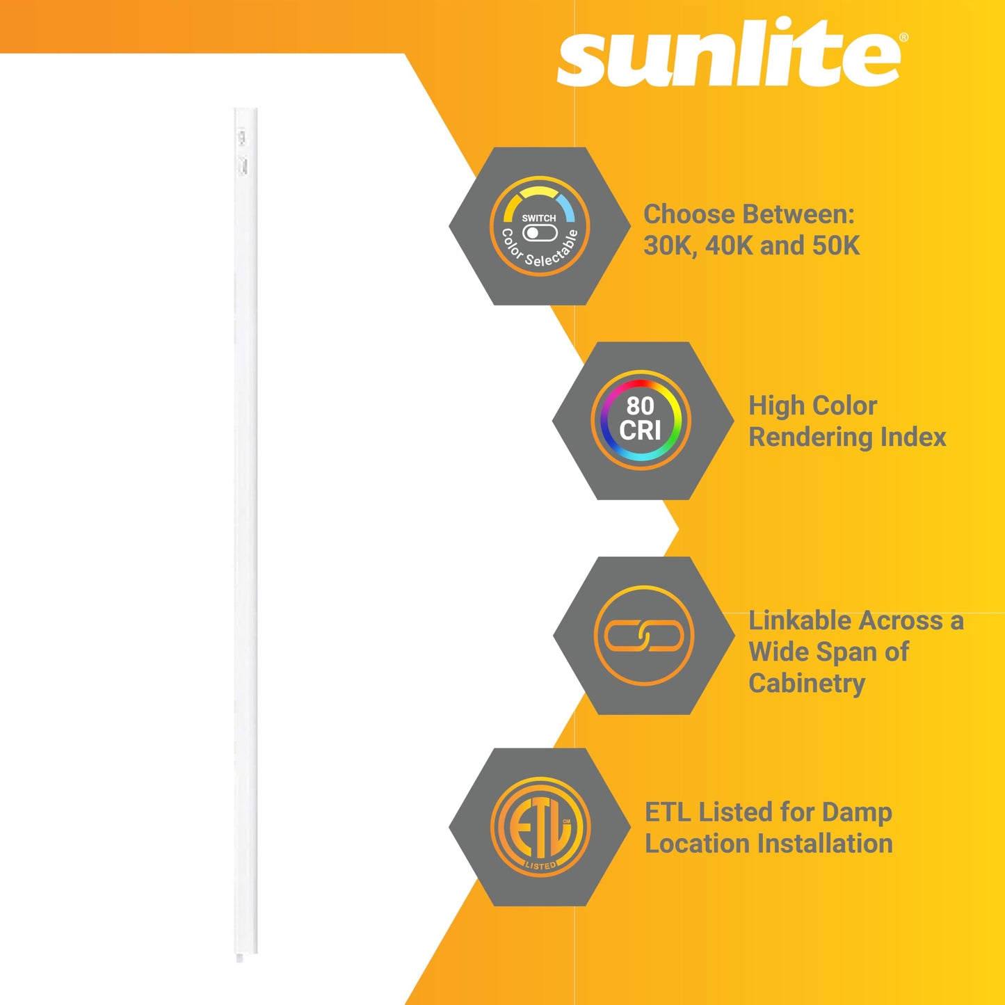 Sunlite LED Under Cabinet Lighting Plug in 46 Inch Linkable Under Counter Lights for Kitchen 16 Watts, 120 Volts, 1600 Lumens, Adjustable 3 CCT