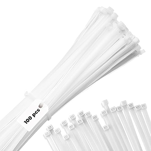 12" White Zip Cable Ties (100 Pack), 40lbs Tensile Strength, Heavy Duty, Self-Locking Premium Nylon Cable Wire Ties for Indoor and Outdoor by Bolt