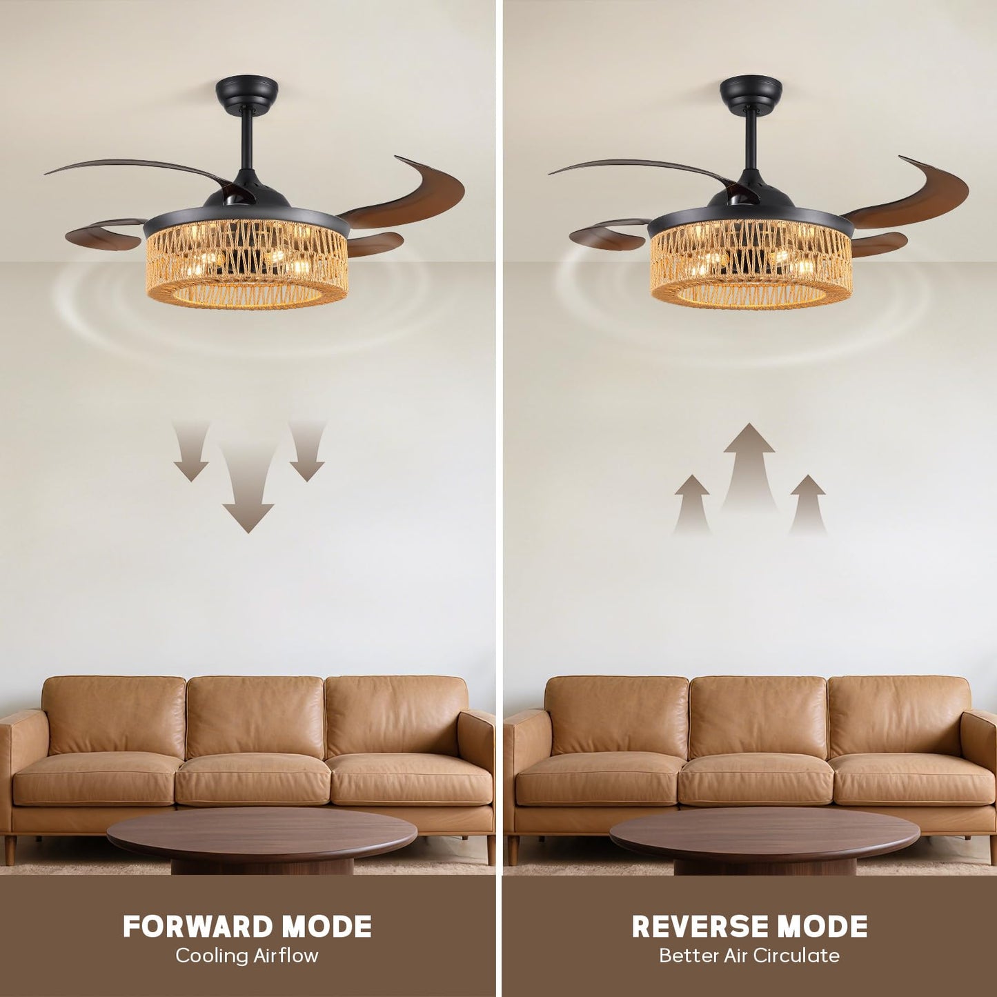 48 Inch Retractable Ceiling Fans with Lights and Remote, Boho Caged Farmhouse Ceiling Fan, Invisible Rattan Fandelier with Reversible 6 Speeds,Timer