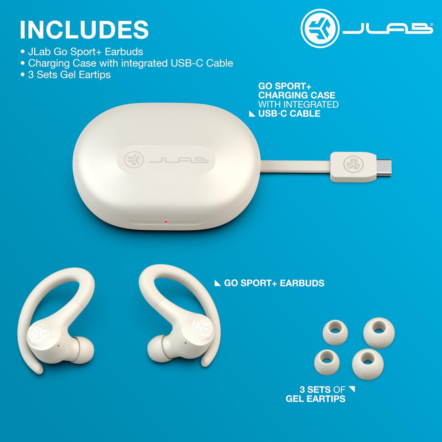 JLab, Go Sport+, True Wireless Workout Earbuds, Bluetooth Sport Earbuds, Clear Calling, Sand