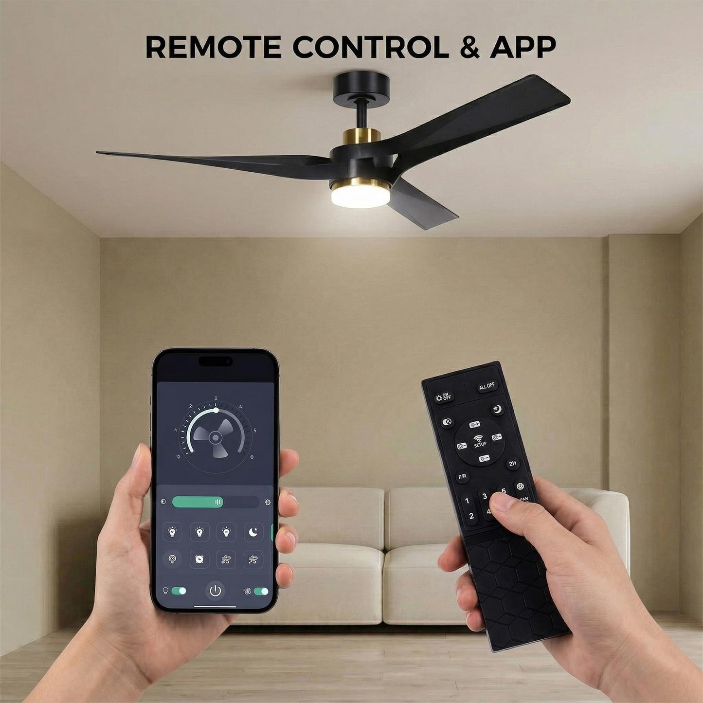 GLOVAO 56" Ceiling Fan with Lights, DC Motor, App Control, Black Gold